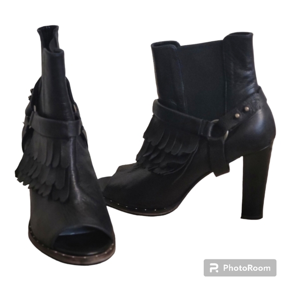 Freda salvador BLACK LEATHER HARNESS FRINGES OPEN TOE ANKLE BOOTS WOMEN’… - Picture 3 of 16